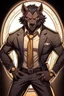 Placeholder: Buff, anthro, wolf, himbo, black fur, gold eyes, wearing a suit, full-body, muscles, strong, muscular, man boobs, bulky, tail, dark fur, smug grin, hands on hips, furry-himbo, broad shoulders, wide hips, big chest, big muscles,