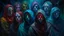 Placeholder: A detailed oil painting of a sinister group of characters, shrouded in mystery, against a dark and sinister background. Their faces are covered by colored glass masks. Mystery