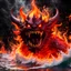 Placeholder: 3d Reality, The scariest demon monster clay style, fire splashing of monster out from liquid effect, fire colours, light eye, dominating the wave, fully magical hell in the middle, splashes storm around , hell background.
