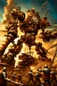 Placeholder: steampunk warrior robot with a big, complicated and detailed mechanical sword fighting in a battlefield with steampunk ships and planes in the background. Masterpiece, hyper detailed, details, battlefield, dramatic, dramatic lighting