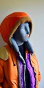 Placeholder: Brunette woman.thick thighs,thick calves,normal bodytype. big head. Mantle is sewed of upcycled Denim and sewed together of camouflage pieces. Colors are orange,red, cream and purple and various denim colors. It is with big bright purple felt tippet and cream-colored-hood. mantle is merged with satchel, ochre. AKG-style headphones (gold rings!) is merged with small felt cap with visor. Style: Haute Couture in 1950's, N.Y.C fashion in 2024, inspired by street art. Cream latex gaiter. Tennis shoes