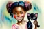 Placeholder: A cute smiling Afro-American girl is holding a kitten. Watercolour