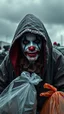 Placeholder: A sad hooded homeless clown with dirty face and bad make up , beside him with trash bags , in the background a, dark cloudy rainy weather