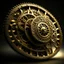 Placeholder: Create a 3d fractal base wall clock with see throgh golden gears rotating , showcasing a harmonious and synchronized movement. that show fast time passing in a beautiful abstact environment