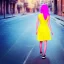 Placeholder: Beautiful lonely girl who walks along a street without people at dawn. You see her from behind. She wears a very short yellow dress. She has short pink hair with glowing crystals. Full body, 8k resolution concept art. Professional Photo HD. Stylish. Warm vivid colors. Panoramic