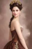 Placeholder: long shot beautiful and gorgerous duchess with incredible jewellery in 19th century clothing by Greg Rutkowski and Artgerm and Emile Vernon and Vladimir Volegov, in a brown dress, mystical castle background, art illustration, natural beauty, muted colors, pastels, perfect fingers, higly detailed, expressive, high detail, symmetrical, digital painting, symmetrical eyes, dynamic lighting, artstation, cinematic lighting, intricate artwork, emitting diodes, smoke, artillery, sparks, racks, system u