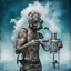 Placeholder: heavy dry ice vapors, young man with tattoos wearing gas mask-like contraption tubes running to an icy blue vapor leaking cannister reading text "40 BELOW", dry ice vapor effects, background sideshow carnival, psychedelic, colorful, digital art, gritty, hyperrealistic, weirdcore, by Joel-Peter Witkin