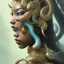 Placeholder: Sango fantasy, fantasy magic, intricate, sharp focus, illustration, highly detailed, digital painting, concept art, matte, art germ and Paul Lewin and Kehinde Wiley, masterpiece Indonesian lady head bronze tiger Asian African girl nice breast Thai hair turquoise silver waves