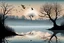 Placeholder: Illustration of a lonely dark tree with barren branches stands on a water's edge, reflected in the water, fog, crows on the sky, mystical landscape, sinister mood, line art