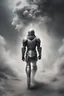 Placeholder: sad knight running into dust walking away into a bright grey world fading as the world crumbles under as space snaps under his feet with nothing but clouds overhanging him as the world collapses into space