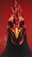Placeholder: Bosch style painting , A shadow of a spirit inside a bloody red chicken head with eyes open wide details on red bloody background