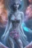 Placeholder: Create an image of a full body cosmic Goddess. The goddess should be depicted as a beautiful and powerful figure, surrounded by cosmic stars. Her hair should be long, blond and flowing, and she should be dressed in a flowing gown blue celestial robe. In the background, include imagery of pink flowers, blue sky,trees. The image should evoke a sense of joy, celebration, and spiritual connection to nature.