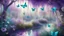 Placeholder: purple and turquoise ethereal willow leaves tree garden, flying butterflies, flowers, very sunny