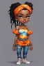 Placeholder: create a colorful abstract comic book art image 8k of a chibi curvy black female wearing torn jeans pants with fringe on the side and a orange-tie dye off the shoulder blouse. Prominent make up with hazel eyes. Highly detailed long Senegalese twist in a hair wrap