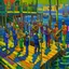 Placeholder: Vivid color oil painting of a brass band standing on the pier in front of a small fishing harbor, orchestra, jazz club 1 9 3 0 seconds, band playing instruments, musician, musicians, band, musicians playing instruments, the last orchestra, conductor, by Aaron Douglas , Jazz Quintet, by Carey Morris, band player, concert, by Baron Storey, entertainer, by Jasper Knudsen, silhouettes