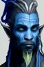 Placeholder: A tieffelin with blue skin and white Dreadlock hair. His pupil-less eyes are green. He wears a small beard.