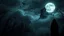 Placeholder: A dark gothic fantasy landscape at night, cinematic wide shot, a ruined gothic castle standing on top of a steep hill on the right side of the image, illuminated by a large full moon high in the sky. Thick rolling fog drifts across the ground and around the hill. Several raven silhouettes fly across the moonlit night sky. On the left side, a dark, dense forest with twisted, leafless trees. At the edge of the forest stands a lone black-hooded figure, seen from behind, fog, cinematic