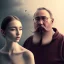 Placeholder: a young woman sitting next to a 50-year-old man with a beard and short hair, portrait, 8K, close-up face, anatomically perfect face, Highly detailed stunning full frame portrait, misty and cloudy atmosphere