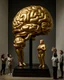 Placeholder: a huge golden inflated sculpture of brain supported by very small beautiful Asian female human bodies, Communist propaganda slogan banner,complex surgical instruments,a newborn boy between light and shadow, black background,surrealism, symbolism, minimalism, sculpture by Lucian Freud, Rene Magritte, Salvador Dali