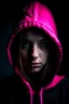 Placeholder: Portrait Hacker girl in a hooded sweater looking strait forward as black and pink as a logo