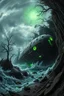 Placeholder: in the style of Fisheye lens. detailed close-up concept art of a Lovecraftian horror, chthon island featuring a decaying a ufo starship green light Focus on gnarled trees around rocky cliffs, with the a ufo starship showing deep cracks and glowing substance oozing from them. Include hints of nightmarish creatures beneath turbulent waters. The stormy sky casts an eerie and green glow, with shipwreck debris and ancient ruins scattered on the shore to emphasize the sense of dread and abandonment