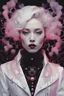 Placeholder: photo RAW, (Black, dark red, lilac, neon pink : Portrait of ghostly white koi, woman, collar, white wool coat with lots of black pearls, shiny aura, highly detailed, gold filigree, intricate motifs, organic tracery, Januz Miralles, Hikari Shimoda, glowing stardust by W. Zelmer, perfect composition, smooth, sharp focus, sparkling particles, lively coral reef background Realistic, realism, hd, 35mm photograph, 8k), masterpiece, award winning photography, natural light, perfect composition, high de