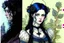 Placeholder: Gothic portrait of a young woman in the style of Arthur Rackham and Norman Rockwell. She has dark blackish blue hair and there are blueberry plants around her. Piercing blue eyes. Steampunk Wednesday Adams