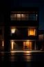 Placeholder: Fachada de una casa mínimalista con iluminación cálida en una tarde noche