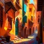 Placeholder: Paint an ancient city with narrow streets and old buildings. Use warm and bright colors to create a sense of nostalgia