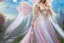 Placeholder: castle in background, beautiful, soft, big smiling, straight and long blonde hair, dewy and shiny atmosphere, diamond crown, long fairy wings in the back, full head, pink veil clothes