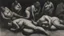 Placeholder: A haunting charcoal drawing capturing bodies in the dark, fat and thin and hunched, with intricate shading and depth