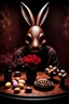 Placeholder: horror figure in rabbit mask sitting on the floor and eating chocolate, around chocolate eggs, brocken glass vase with flowers, volumetric light, dark colors, surreal dark mood, detalied, cinematic