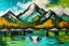 Placeholder: Spring in the Mountains... Prompt: a painting of a mountain during spring, with reflective accents, abstract lake, variety of textures