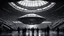 Placeholder: futuristic large spaceship landing inside dark, wet, mysterious huge old futuristic sci-fi hangar, very high ceiling, photographic, black and white, dune movie, many people watching