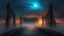 Placeholder: walking straight ahead over a wooden bridge, holding the angel of death with your right hand, entering the fog at the end of the road that leads to the afterlife, and a beautiful sunset and galaxy's behind the fog, realistic