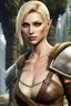 Placeholder: A female bosmer barbarian from Skyrim, blonde, short hair, brown eyes