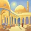 Placeholder: art by "Canan Berber", painting, landscape , Feigned The City with arches and domes, at Dawn, Illustration, Hopeless, 70s Science Fiction, Provia, overly complex style