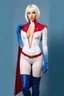 Placeholder: platinum blonde headed woman, crew cut style, wearing an extremely, extra short, skintight, formfitting long-sleeved, white bodysuit with a high collar and a plunging neckline, blue elbow-length gloves, a red belt with a gold buckle, a red collerless cape, knee-high blue boots