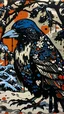 Placeholder: A contemporary serigraphy portrait by Matisse and Kunisada of a crow dressed with a punk leather jacket within a snowy Christmas atmosphere.