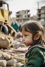 Placeholder: side view to palestinian little girl looking at her toy with tears and Destroyed buildings in the background