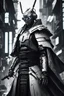 Placeholder: samurai robot in black and white cloak in a cyberpunk environment