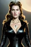 Placeholder: painting of kate winslet as evil queen in black leather gown, feminie, angry, stern look on her face, volouptous, busty, cleavage, emperious, mature, highly detailed, digital painting, artstation, concept art, smooth, sharp focus, illustration, art by gaston bussiere and alphonse mucha