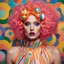Placeholder: a close up of a woman with orange hair, inspired by David LaChapelle, trending on cg society, pop art, clown makeup and rainbow wig, gigantic tight pink ringlets, high fashion modeling, patchwork doll, with professional makeup, advertising photo, geometric abstract beauty, candy - coated, professional color photography, ad image, shot with Sony Alpha a9 Il and Sony FE 200-600mm f/5.6-6.3 G OSS lens, natural light, hyper realistic photograph, ultra detailed -ar 3:2 -q 2 -s 750