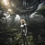 Placeholder: Wide-angle photo of a slim sci-fi woman with blond hair, wearing a silver and black futuristic android-like spacesuit, standing on an alien cloud tree jungle planet