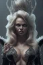 Placeholder: Pamela Anderson as evil queen in black leather, leather, busty, cleavage, angry, stern look. character design by cory loftis, fenghua zhong, ryohei hase, ismail inceoglu and ruan jia. unreal engine 5, artistic lighting, highly detailed, photorealistic, fantasy