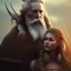 Placeholder: Viking theme, a younger woman sitting next to a 50-year-old man, portrait, 8K, close-up face, anatomically perfect face, Highly detailed stunning full frame portrait, misty and cloudy atmosphere