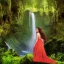 Placeholder: a beautiful woman in a sensual dress posing in a fantasy forest by a waterfall