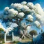 Placeholder: Beautiful summer landscape, old large tree blooming with large white roses, dwarfs house in the tree, white picket fence, rock at the foot, blue sky, clouds, trees, digital painting, very detailed, filigree, high quality, watercolor, artstation trends, sharp focus, studio photo, intricate details, very detailed, author: greg rutkowski