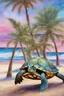 Placeholder: Higly Detailed Iridescent Turtle With Extremely Big Glowing Eyes, On The Beach, Palmtrees, Lively And Playful, Shimmering Swirling Glitter, Strybk Style, Muted Colors, Luminescent, Watercolor Style, Luminism, Soft Background With Swirls, Digital Painting, Highly Detailed, Intricated, Intricated Pose, Clarity, High Quality, Magic Realism, Harmonious Golden Ratio Composition, Burst Of Neutral Colors And Lights, , Watercolor, Trending On Artstation, Sharp Focus, Studio Photo, Intricate Details, Hig