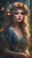 Placeholder: Painting of a beautiful girl, beautiful, haunted forest, flowers on her head, glitter dress, young girl, digital painting, fantasy art, pretty face, inspired by Thomas Kinkade, anime portrait, barbie face, big eyes, bright eyes, dream, trees, forest background, dark night, song, glitters background, fantasy, high quality, 8k